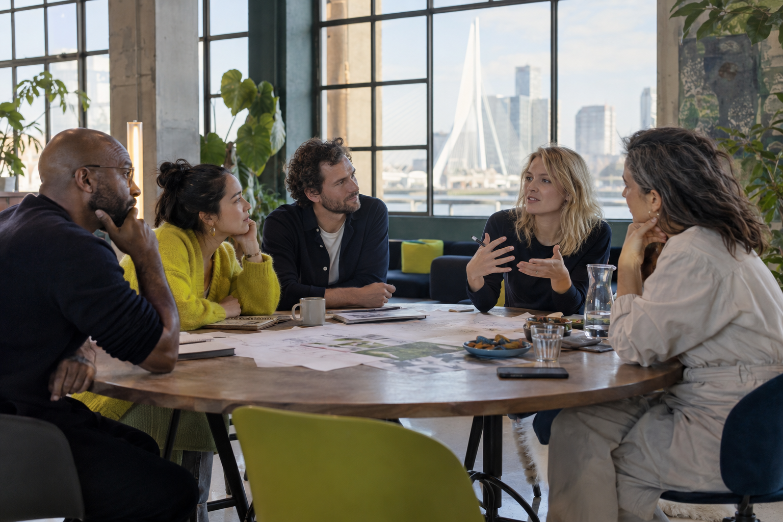 Illustratieve foto van professionals die samen aan tafel in gesprek zijn